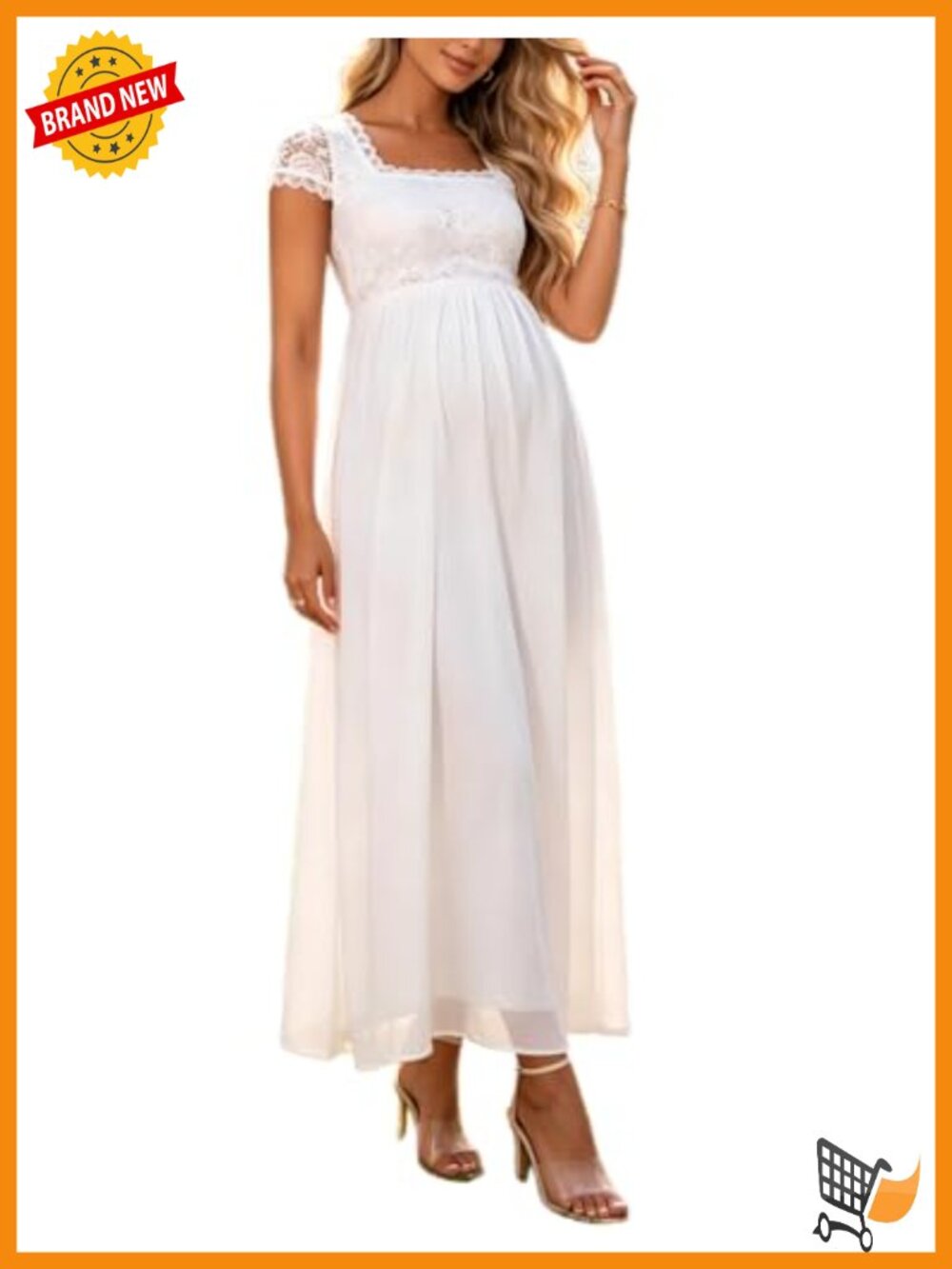 Maternity Dress Square Neck Lace Sleeve Baby Shower Gown Chiffon Maxi